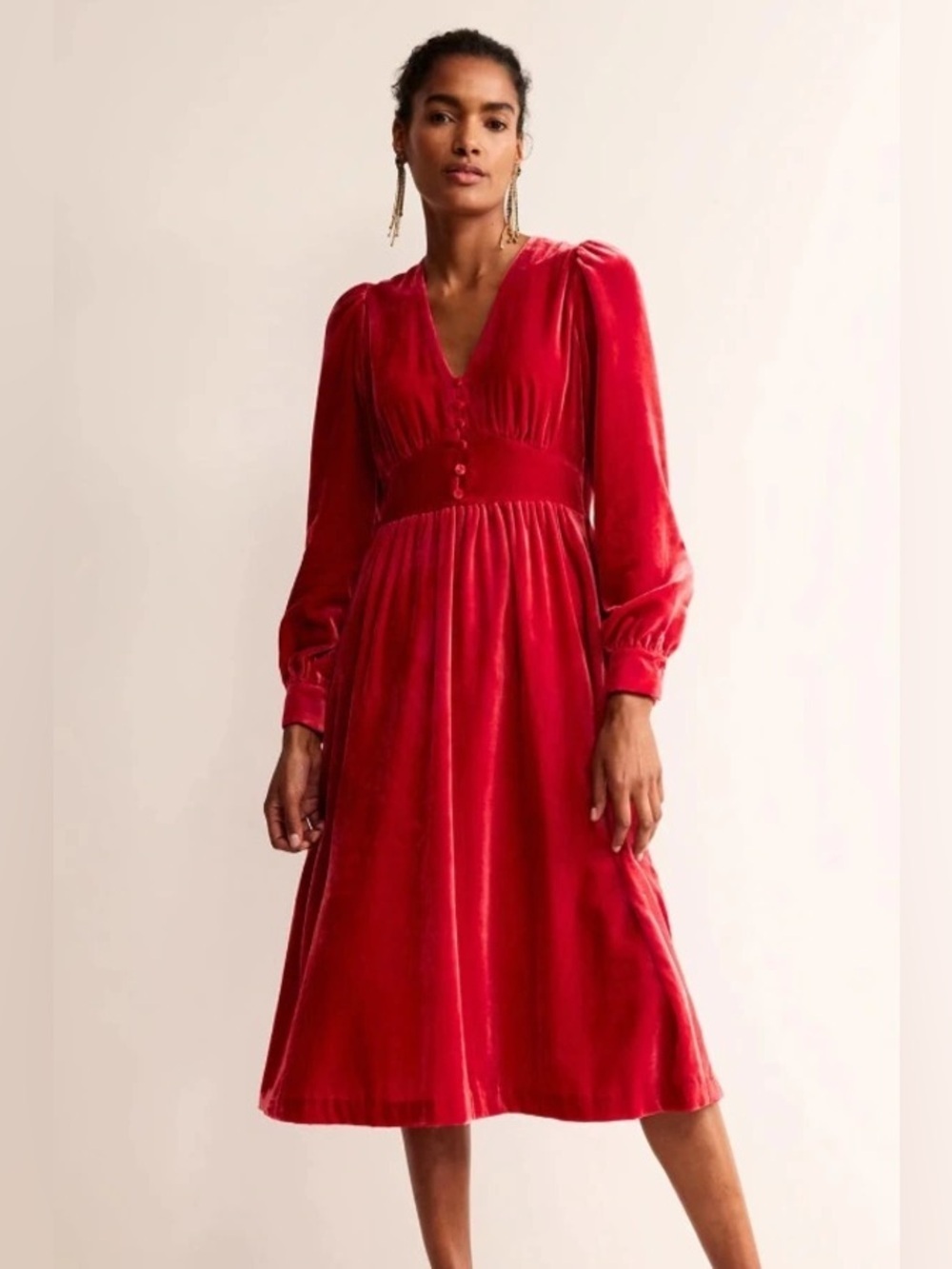 NWT Boden Elise Red Velvet V Neck Midi Dress Long Sleeve Size 6